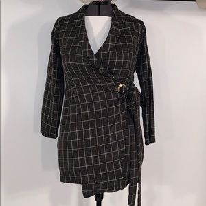 Check Belted Blazer Dress Black